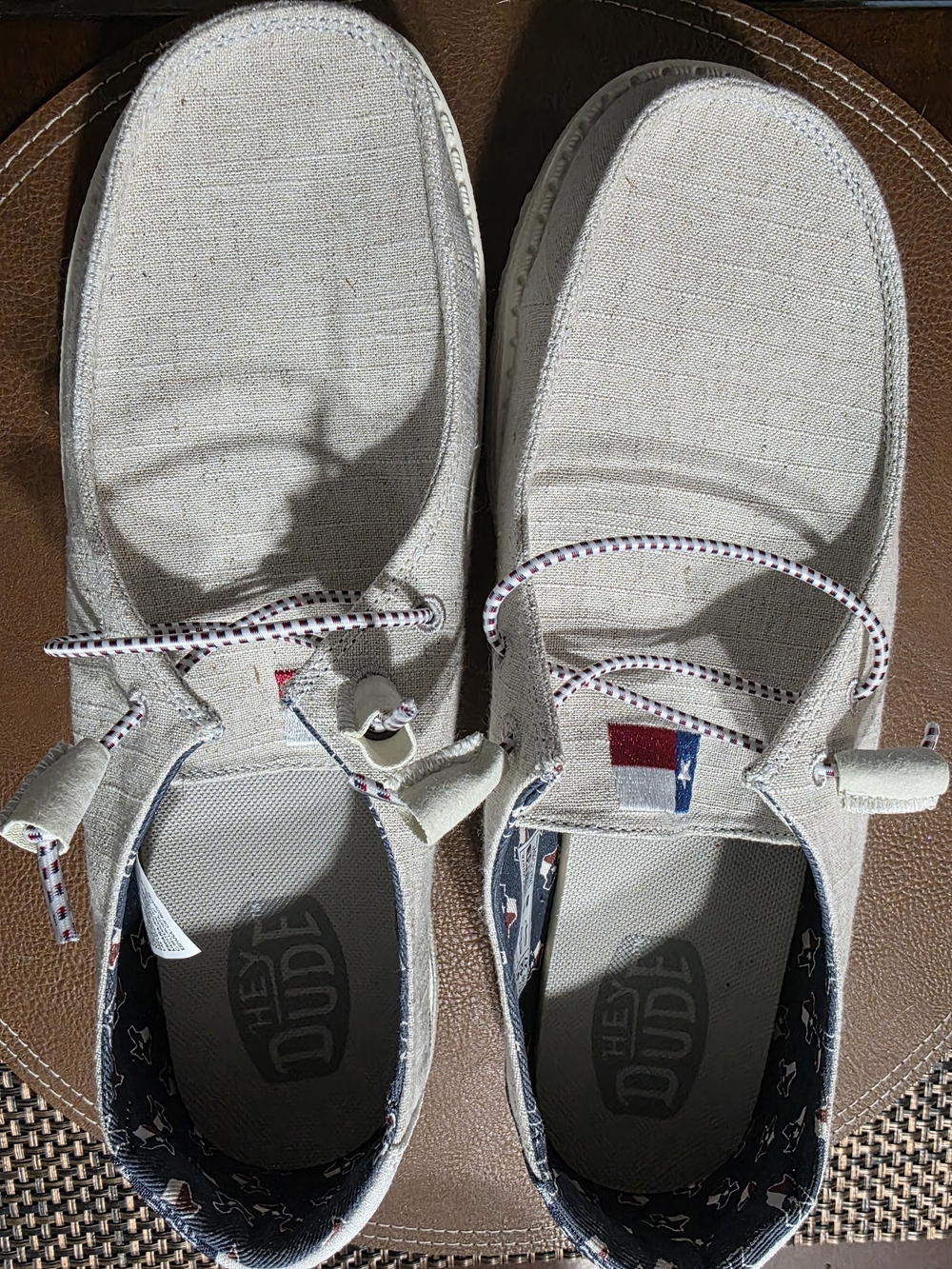 Hey Dude Linen-Style Slip-On Loafers in Off-White with Texas Accents